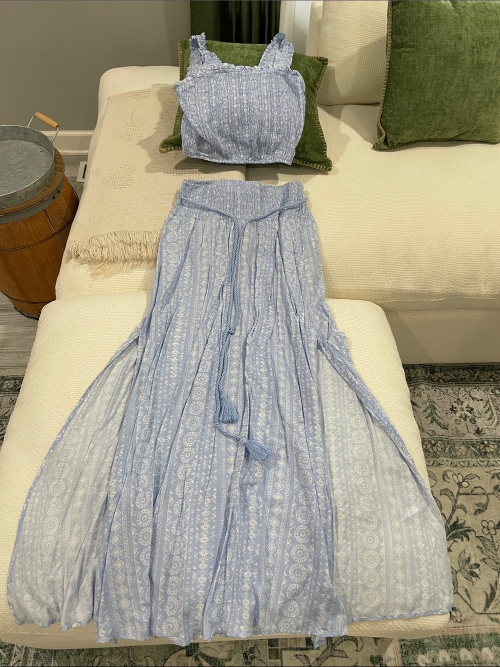 Light Blue Floral Maxi Skirt with Tie Waist - Women's Maxi with matching crop